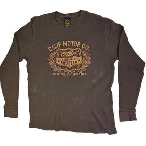 Lucky Brand‎ Mens XL Brown Thermal Waffle Knit Calif Motor Co Graphic Tee Shirt